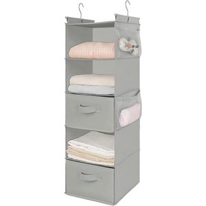 5 Tier Hanging Closet Organizer Light Grey Foldable Storage <b>Shelf</b> With <b>Hooks</b> For Bedroom Neatening - Product Image 4