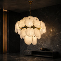 Lustre moderne en forme de disque rond style albâtre, avec pierres superposées dorées, pour salon, salle à manger, villa, hôtel, décoration