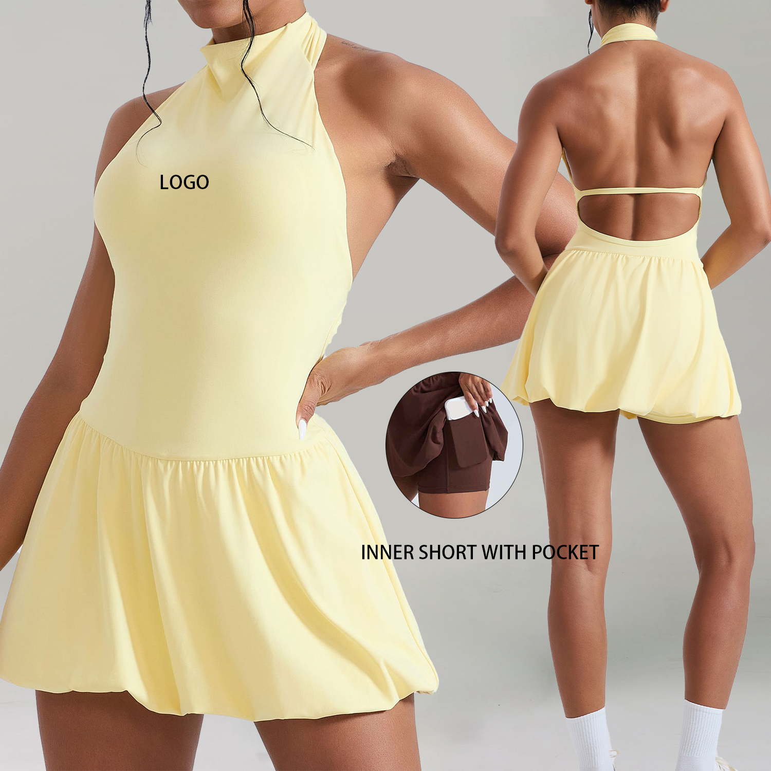 Tennis Dress With Built-in Inner Pockets Shorts Golf Halter Backless Dress Tennis Lightweight Athletic Activewear Yoga Bodysuit