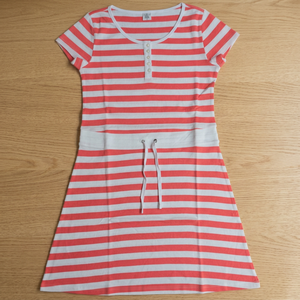 100% Cotton Women's Knee-Length Yarn-Dyed Short Sleeve Crew Neck Button Placket Vintage Casual Style <b>Elastic</b> Waist Fit Flare - Product Image 3