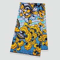 Tissu en coton ciré Ankara 24S, imprimé floral africain jaune et bleu pour robes longues et tenues de mariage africaines pour femmes