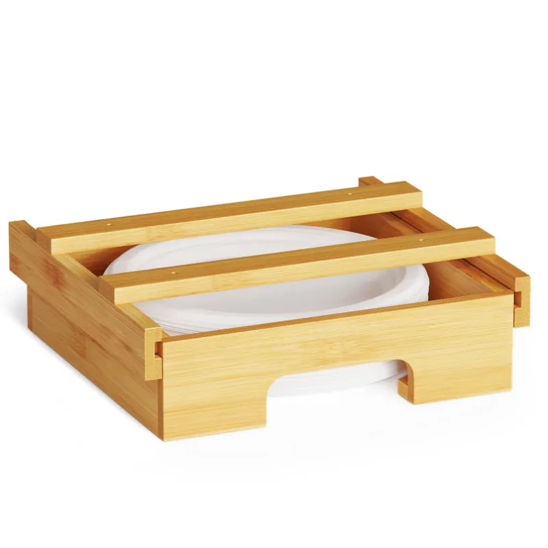 Under Kitchen Cabinet Eco-Friendly Bamboo Wood 9" Paper Plate Organizer Vertical Plate Dispenser Holder For Countertop Rack