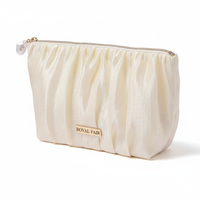 Pochette de Maquillage Portable en Satin Plissé Personnalisée Royal Fair avec Fermeture Éclair Perlée, Sac de Voyage Élégant Blanc pour Cosmétiques et Rangement