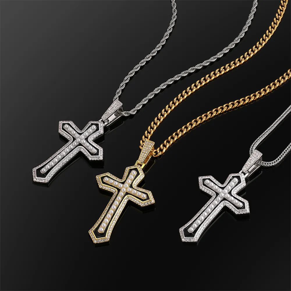 KRKC Beliebte vergoldete weiße Kreuz Halskette Perle Anhänger Schmuck Mode Lady CZ Diamant Perle Kreuz Halskette