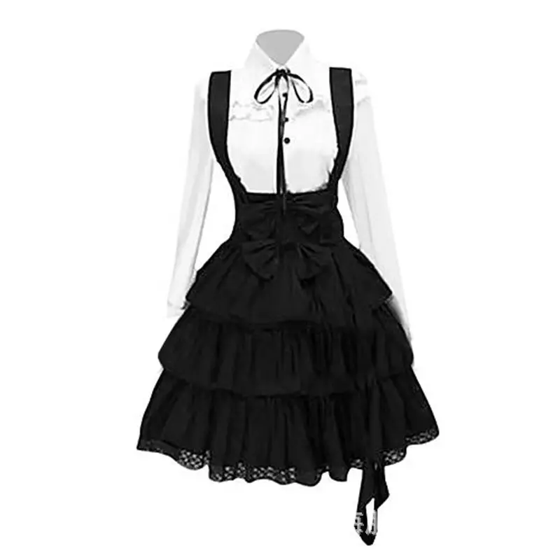 Summer Japanese Lolita Dress Teen Girls Black White Cute Ruffles A-Line Princess Party Dresses Lace Up Bowknot Retro Shirt Dress