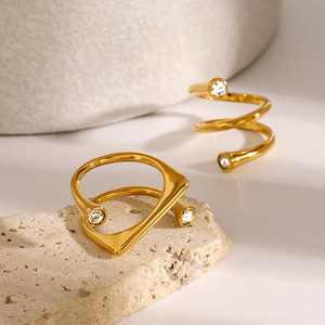 Geometric Asymmetrical Opening <b>Ring</b> 18k Gold Stainless Steel Bezel Set <b>Crystal</b> Unisex Jewelry Gift - Product Image 3