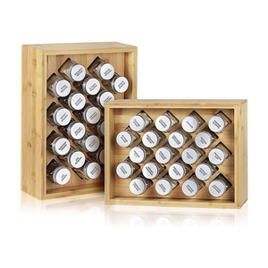 Free Standing Countertop Bamboo Herb Spice Shelf Holder Spice Rack Organizer with 20 Glass Jars for Kitchen Cabinet