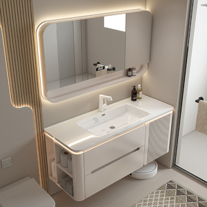 Armoire de salle de bain de luxe à coins arrondis, armoire à miroir intelligente, comptoir blanc, lavabo à coins arrondis - Product Image 1