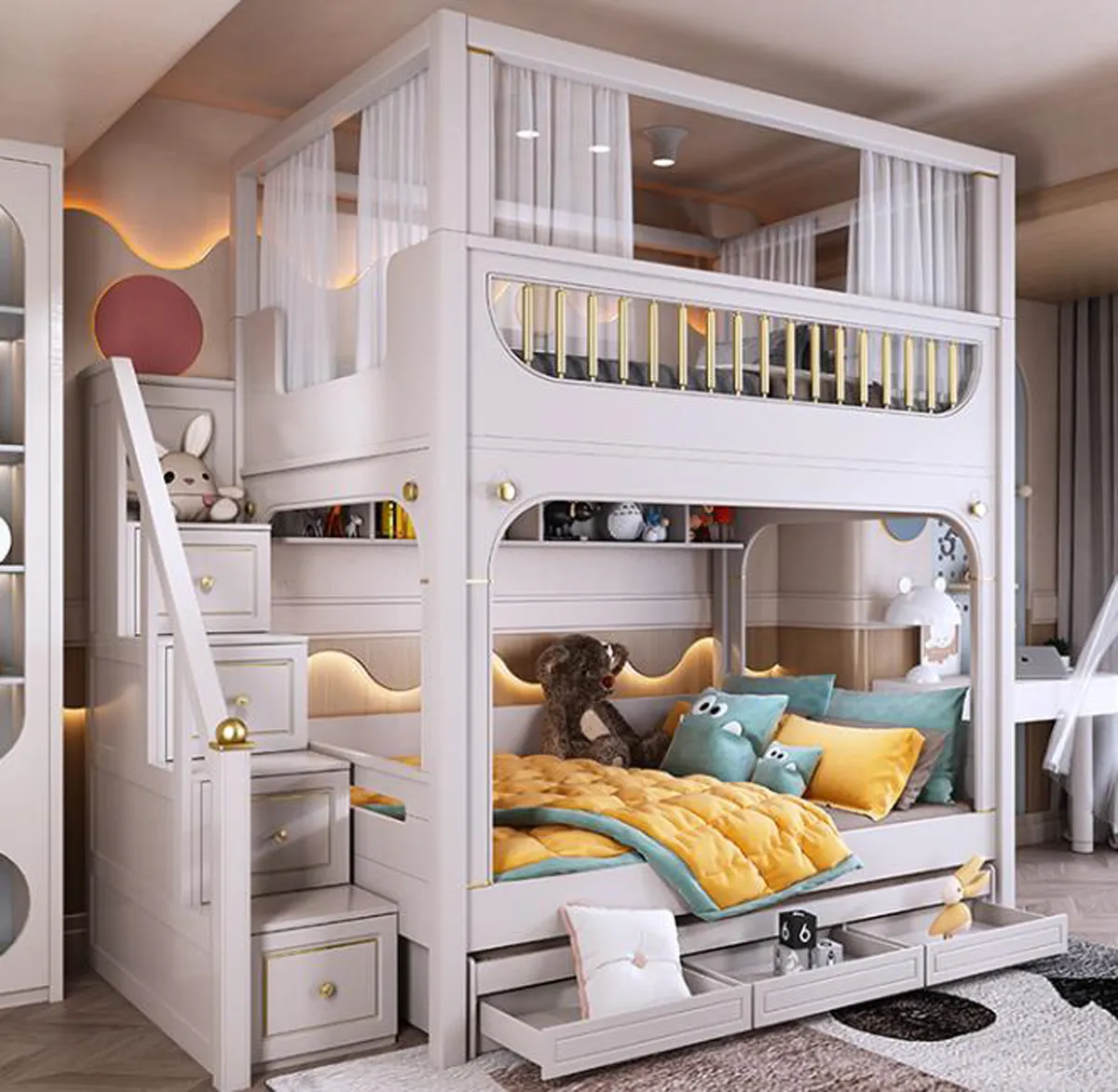 Cama tipo Castillo de lujo para niños y niñas, litera moderna combinada de madera, muebles de dormitorio, litera, escaleras, king and queen