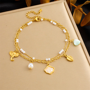 Fashionable Double Layer Anklet With <b>Shell</b> Pearl Elephant Leaf Pendant Stainless Steel Women's Foot <b>Ornament</b> - Product Image 1