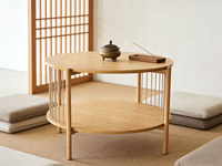 Mesa de Centro Circular Combohome, Mesa Auxiliar para Sala de Estar con Acabado en Carbón, Mesa Lateral para Sofá con Ratán Natural