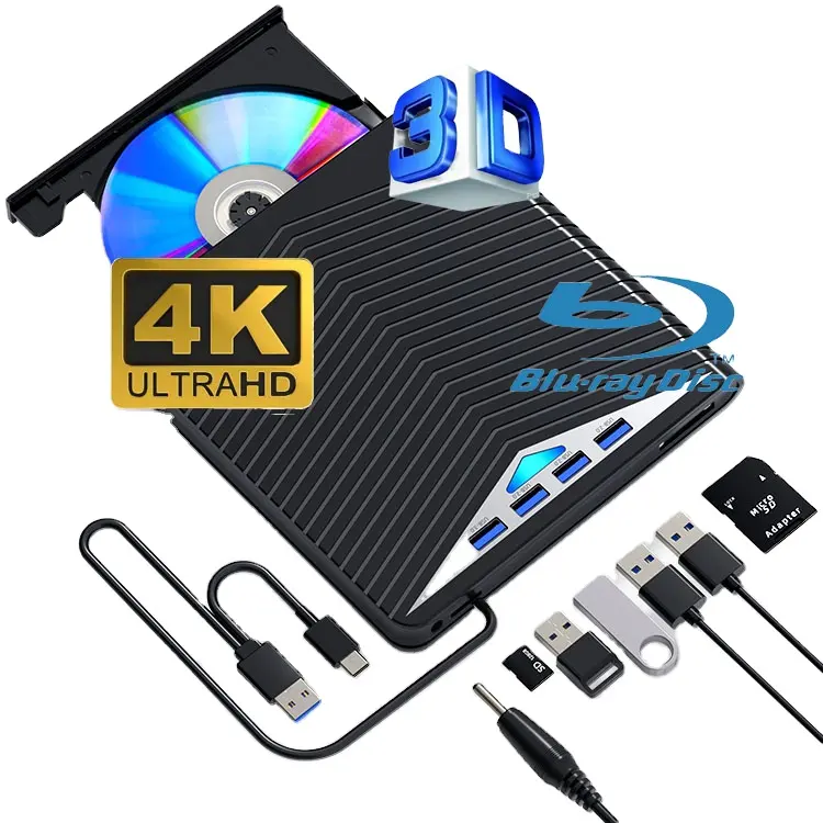 2024 última unidad bluray 7 en 1 con HUB y lector de tarjetas TF/SD Ultra HD 3D 4K reproductor de películas blu-ray escritor BD externo para computadora portátil