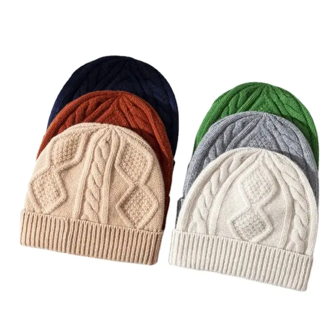 Großhandel benutzer definierte Logo hochwertige verdickte 100% Wolle Mütze Hüte Strick kabel Winter Outdoor Kaschmir Ski hüte Männer Frauen