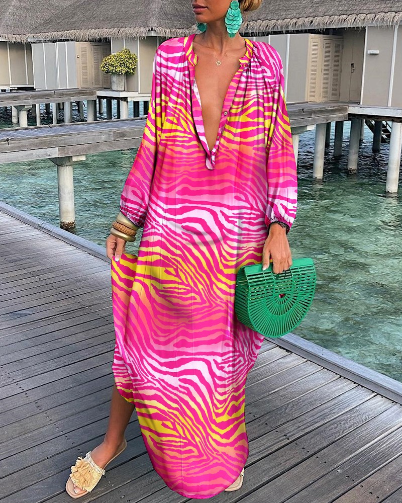 New Arrival Casual Floral Print Deep V-Neck Long Dress Autumn Long Sleeve Casual Dresses Women Shirt Dress