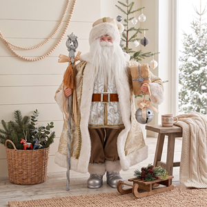 Ivory Paisley Brocade Santa Claus Figure with Silver Sleigh Bell for Country House Xmas Display - Product Image 1