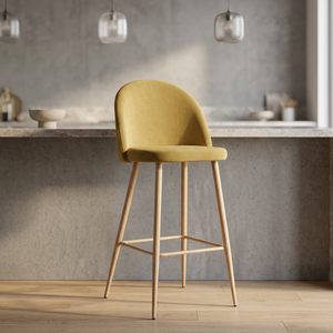 Chaise de bar moderne en velours avec structure en bois et base en métal pour bar à domicile, meubles de style scandinave - Product Image 2