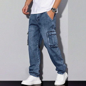 Jeans de mezclilla elásticos con dobladillo, corte bootcut, lavado medio, azul claro, estilo streetwear para hombre, Xiyin - Product Image 2