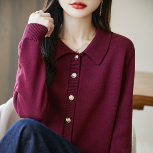 Cárdigan de punto con cuello para mujer Jinglingyun, manga larga, ajuste holgado, color liso, algodón puro, ropa de abrigo para primavera y otoño, anti-bolitas - Product Image 5