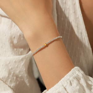 S925 Silver Classic Two Tone Beaded Chain <b>Bracelet</b> <b>Adjustable</b> Silver Tone with <b>Gold</b> Accent Bead for Daily Wear and Layering - Product Image 5