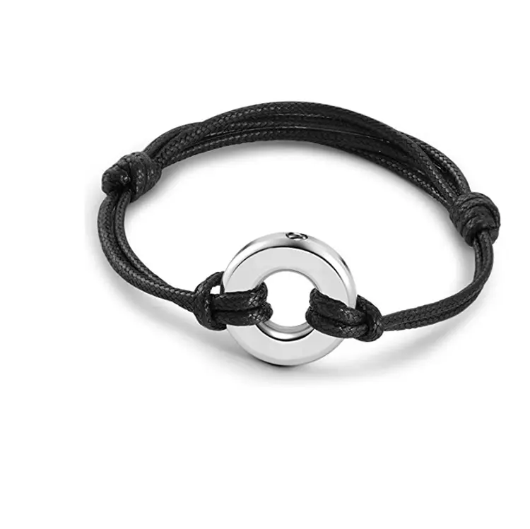 Custom Wholesale Adjustable Rope Leather Engraved Stainless Steel Cremation Keepsake Jewelry Ash Urn Round Charm Bracelet