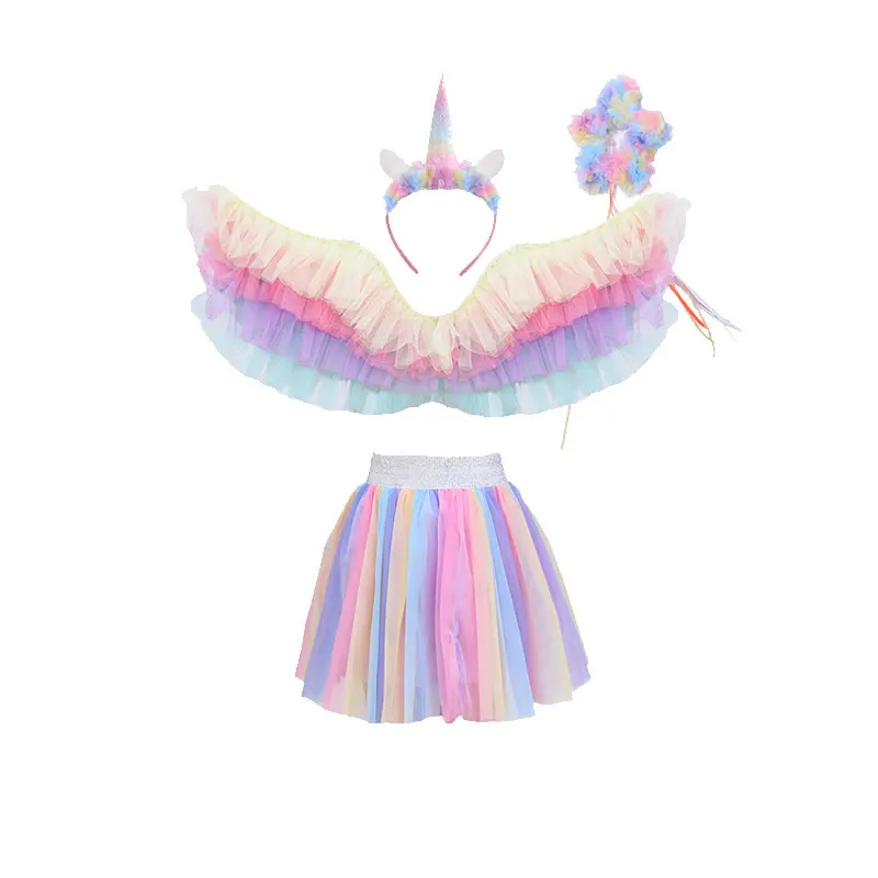 지도자없이 RTS 소녀 천사 날개 치마 할로윈 파티 키즈 성능 모자와 마술 지팡이와 소품으로 원피스