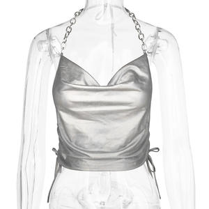 INS Y2kトレンディな女の子チェーンストラップホルタークロップトップ女性セクシーな背中の開いたメタリックシルバートップ - Product Image 6