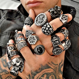 Bague pour <span class=keywords><strong>homme</strong></span> en acier inoxydable, anti-ternissement, robuste, vintage, style punk, motif crâne <span class=keywords><strong>de</strong></span> squelette viking, modèle 3D, pour motard - Product Image 4