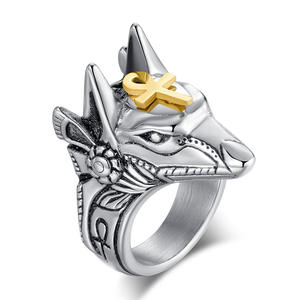 Bague Tête de Chacal Anubis en Acier Titane pour Homme, Bijou Égyptien Ancien, Design Dieu de la Mort, Cadeau Tendance - Product Image 1
