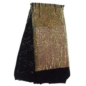 2020 Mới Arican Mix Màu Đen Vàng Thêu Sequin Ren Shining Polyester Lưới Ren Váy Vải HY1156-1
