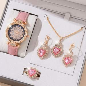 <span class=keywords><strong>Montre</strong></span> à cadran <span class=keywords><strong>lotus</strong></span> et ensemble de bijoux en forme de cœur pour femme, collier, boucles d'oreilles, bague en cristal de luxe, coffret cadeau - Product Image 5