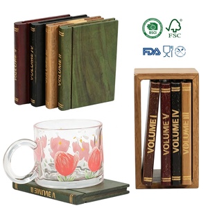 Ensemble de 5 sous-verres en bois en forme de livre avec support, tapis de table pour la décoration de table basse, accessoires de bar à domicile uniques, cadeau de pendaison de crémaillère - Product Image 1