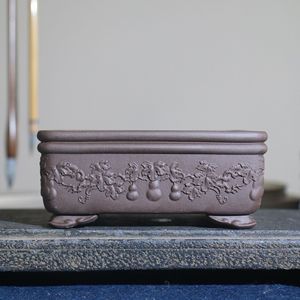 Pot à Bonsaï Rectangulaire en Zisha Fait Main, Style Antique Classique Sculpté, Petit Pot de Bureau - Product Image 1