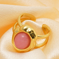 Bague ouverte réglable en acier inoxydable 316 plaqué or 14 carats avec double couche de pierres naturelles roses