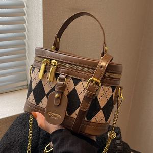 Lady Tweed Vintage Diamond Lattice Hand Small Square Polyester Bags Fashion Chain Shoulder Crossbody Panelled Casual Party - Product Image 1