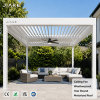 Pergola en aluminium Jiake toute l'année avec ventilateur de plafond extérieur, éclairage et toit à lames orientables résistant aux intempéries pour jardin, patio, gazebo