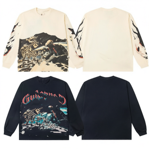 เสื้อยืดแขนยาวพิมพ์ลายสำหรับผู้ชาย คอกลม สไตล์สตรีท ทรงปกติ ผ้าฝ้ายเจอร์ซีย์ - Product Image 1