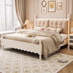Light French Style Solid Wood <b>Double</b> <b>Bed</b> 1.8M Soft Headboard Platform <b>Bed</b> Frame Creamy Korean Style Bedroom Furniture - Product Image 2
