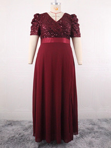 Vestido europeo y americano con cuello en V, de manga larga, elegante y con estilo, para mujeres de talla grande, para chicas con curvas, vestido de dama de honor. - Product Image 6