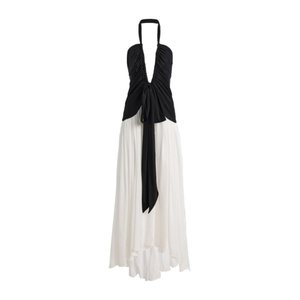 Abito lungo nero e bianco con scollo all'americana, scollatura profonda a V sul davanti, dettaglio annodabile, schiena scoperta, plissettato, <span class=keywords><strong>stile</strong></span> boho fluido per le vacanze - Product Image 1