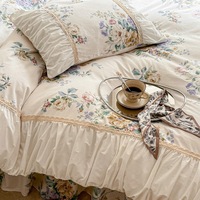Baumwoll-Bettwäsche Rüschen-Bettbezug-Set Blumendruck Romantischer Prinzessinnen-Stil Spitzen-Bettwäsche-Set mit Rüschen und Reißverschluss