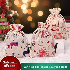 Sac à cordon en lin de Noël imprimé en relief Sac cadeau de bonbons en coton cousu 10x14cm Marque écologique ONE FLOWER pour les vacances - Product Image 2