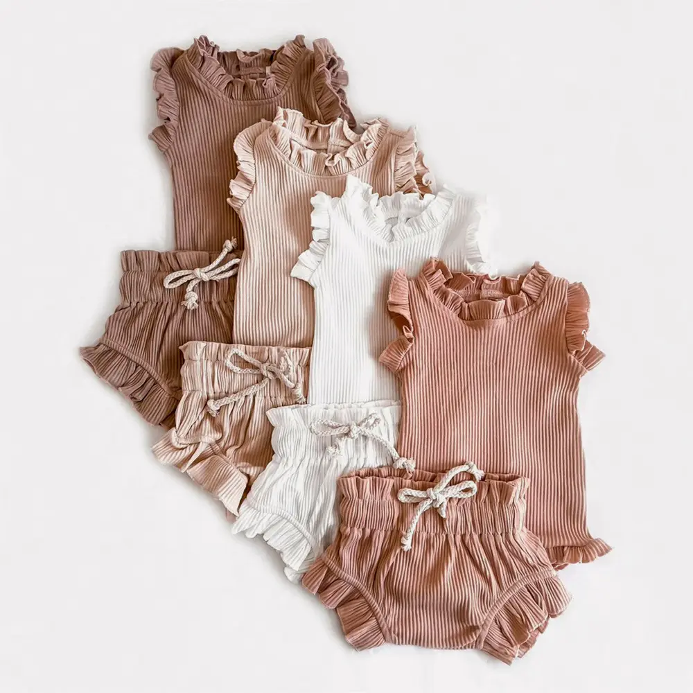 Set di vestiti per neonata set di vestiti per bambini con maniche a balze in pizzo solido set di vestiti per bambini 100% cotone
