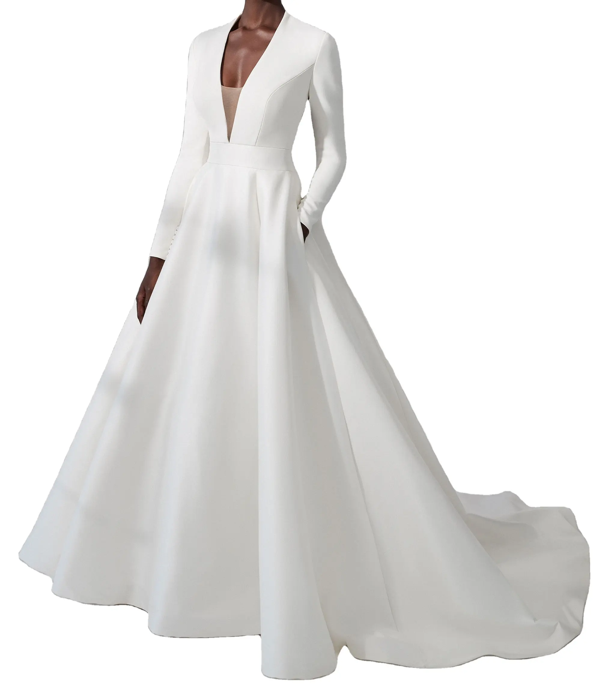 Plain Solid White Clean Long Sleeve Ball Gown Simple Elegant Wedding Gown Illusion Back with Long Trail
