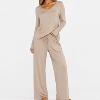 Ensemble de pyjama de luxe pour femmes en coton bambou modal personnalisé solide, doux et respirant, vêtements de détente en deux pièces avec fermeture à cordon, vêtements de nuit