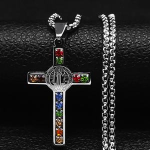 St.Benedict <b>Cross</b> Necklace for Men Hip Hop Colored Zircon Jewelry Silver Gold Waterproof Stainless Steel Necklaces - Product Image 2