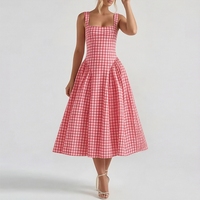 Robe plissée à carreaux pour femme, col carré, bretelles croisées au dos, style camisole, vente en gros pour boutiques