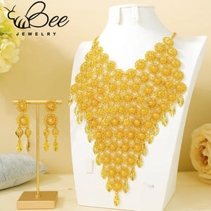 Parure de bijoux de mariée sud-indienne de luxe en or 24 carats, collier à pampilles irrégulières et grandes boucles d'oreilles, inaltérable, pour femme, mariage - Product Image 1