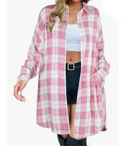 OEM/ODM flanela女式休闲羊毛混纺格子纽扣衬衫夹克，带口袋时尚舒适