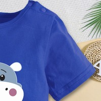 Romper Bayi Musim Panas 2026 Motif Hippo 100% Katun Lengan Pendek Warna Biru Kancing Tekan di Selangkangan untuk Pakaian Anak Laki-laki