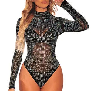 Sexy Đen xem qua bodysuits dài tay áo màu đen Rhinestone bodysuit